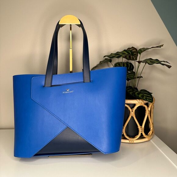 Origami by POMIKAKI Italy Blue Geometric Tote Bag Modern Vegan Leather Handbag - Picture 7 of 11